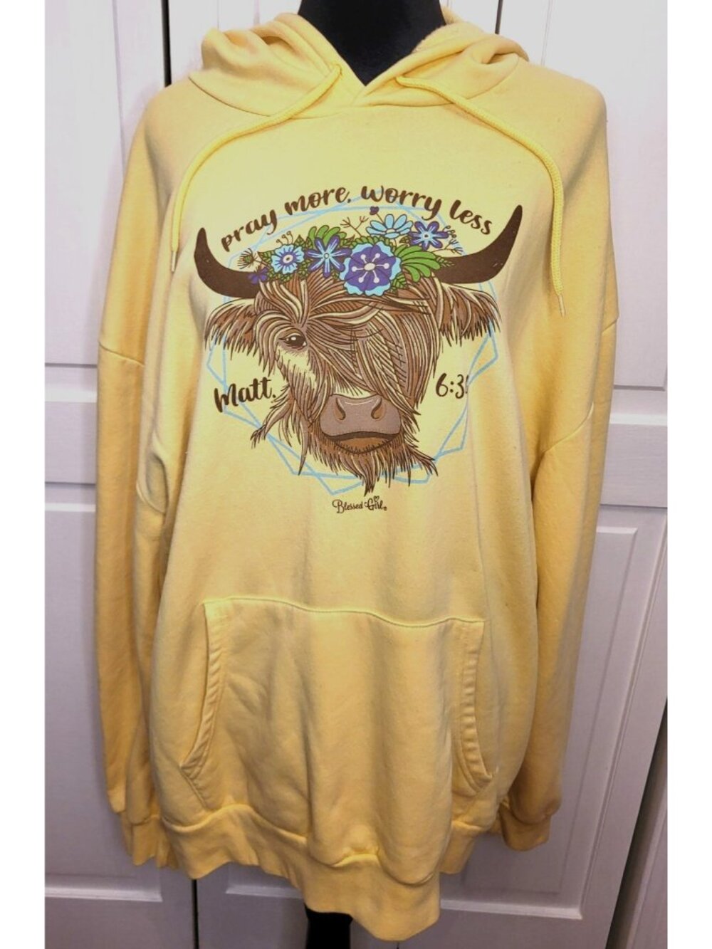 Blessed Girl Yellow Cow Pray More Worry Less Hoodie 2X Country Farm Inspiration